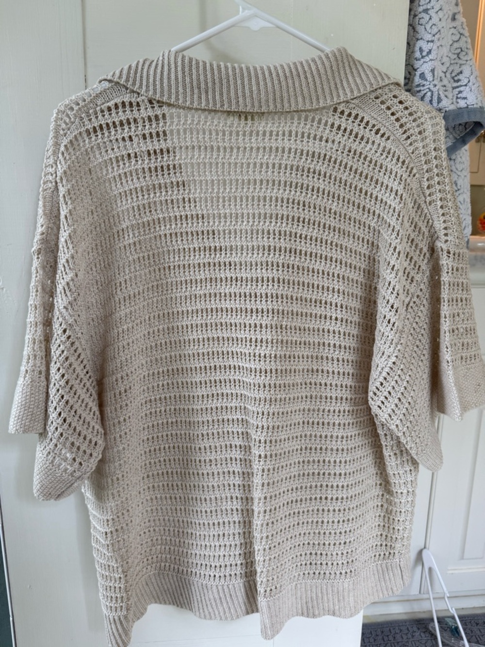 Max Studio Open-Weave Collared Sweater Top in Light Beige - Picture 3 of 3